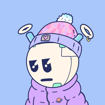 A cartoon character with a pink patterned beanie, halo accessories, and a purple hoodie against a light blue background.