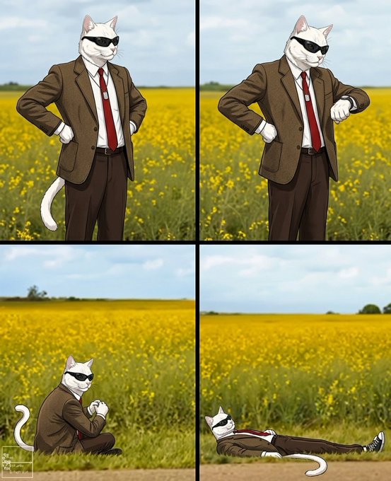 A four-panel comic features an anthropomorphic white cat in a brown suit and sunglasses transitioning from standing confidently to lying flat in a yellow field.