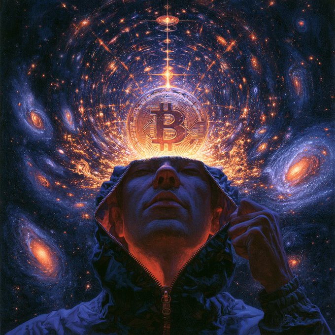 Digital art of a person in a hooded jacket looking up with their head open, revealing a glowing Bitcoin symbol and a cosmic scene with galaxies expanding above them.