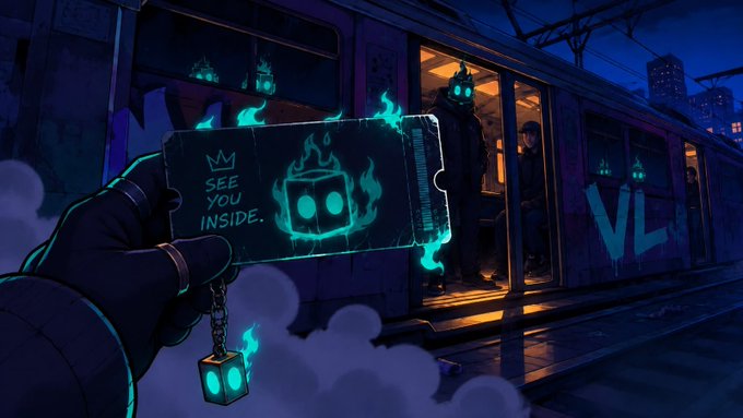Digital artwork showing a hand holding a flaming ticket that reads 'SEE YOU INSIDE' with a glowing pendant, set against a nighttime train scene with masked figures.