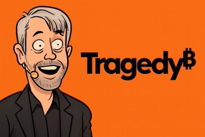 An illustration of a smiling man with gray hair and a beard next to the text 'Tragedy$' on an orange background.