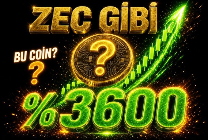 A promotional graphic with golden text "ZEC GiBi" and "BU COIN?" alongside a large gold question mark coin, with green text showing "%3600" and a green upward arrow with candlestick chart elements.