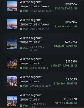 The image displays a trading history showing six successful trades on temperature-related markets in Seoul, with notable wins including "Will the highest temperature in Seoul" predictions ranging from 27.9°C to 49°C, each yielding substantial profits between $152.44 and $185.36, supporting the post's claim of consistent gains from the trader's disciplined market selection strategy.