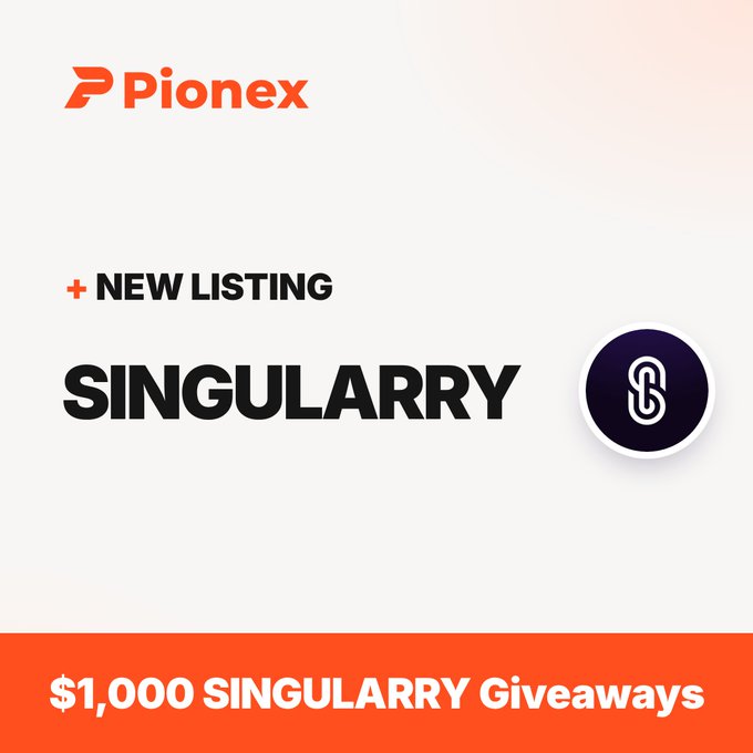Pionex announces the new listing of SINGULARRY token, promoting a "$1,000 SINGULARRY Giveaways" campaign that resulted in distributing 125,000 $SINGULARRY to eligible participants. The image showcases the Pionex logo alongside the SINGULARRY token's chain link emblem, highlighting the exchange's promotional listing event and rewards distribution.