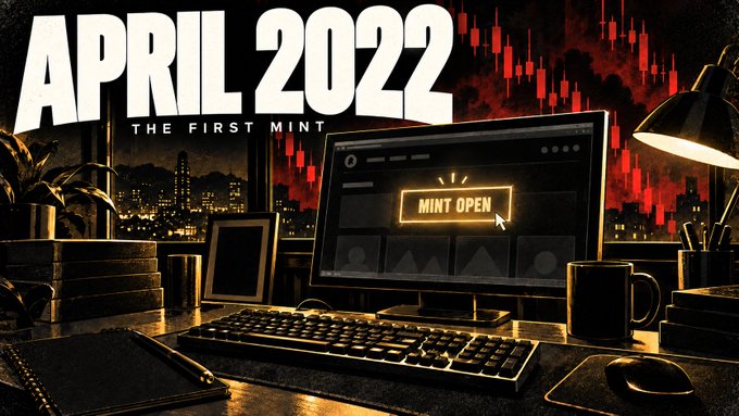 A dark, moody desk scene features a glowing computer monitor displaying a "MINT OPEN" button with a cursor hovering over it, set against a red candlestick trading chart backdrop and a nighttime city skyline. Bold text in the upper left reads "APRIL 2022 — THE FIRST MINT," tying into the post's theme of Kanpai prioritizing community contribution over profit, framing the launch as a genuine, community-first event rather than a self-serving NFT drop.