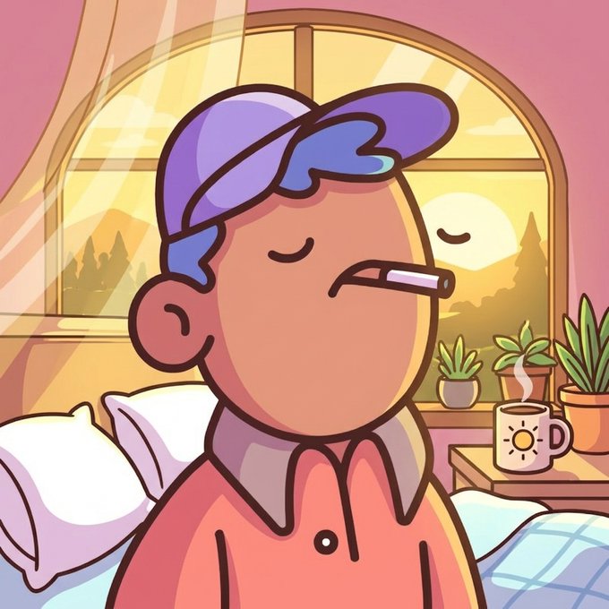 A cartoon illustration of a young man with purple hair wearing a backwards cap, eyes closed with a cigarette in his mouth, sitting in a cozy bedroom with a window showing a sunset and potted plants nearby.