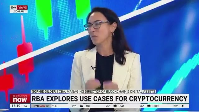 Sophie Gilder, CBA Managing Director of Blockchain & Digital Assets, appears on Sky News Business Now with the chyron reading 'RBA EXPLORES USE CASES FOR CRYPTOCURRENCY'.