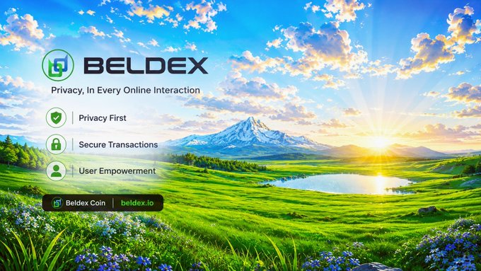 A scenic landscape featuring a snow-capped mountain, lush green valley, and golden sunset serves as the backdrop for a Beldex promotional graphic highlighting its "Privacy First" approach with secure transactions and user empowerment, tagged with "Beldex Coin" and "beldex.io."