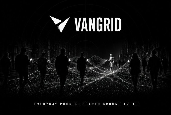 Promotional graphic for "VANGRID" featuring silhouettes of people holding phones above a digital wave, with the tagline "EVERYDAY PHONES. SHARED GROUND TRUTH."