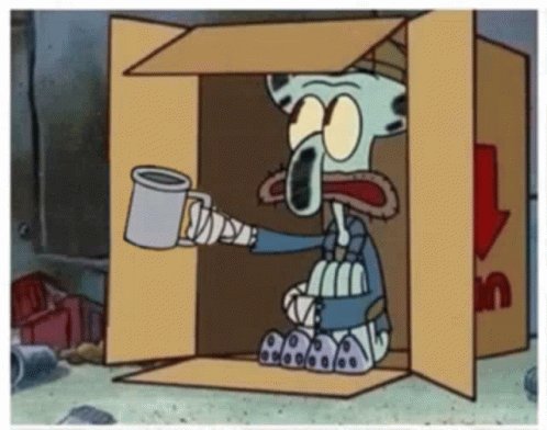 The image features a cartoon character, likely Spongebob Squarepants or Patrick Star, sitting inside an open cardboard box with his arms outstretched as if he's trying to hold onto something. The character appears to be holding a cup of coffee, which is placed on top of the box. The background of the image shows a wall and a door, providing context for the setting in which the cartoon character is located.