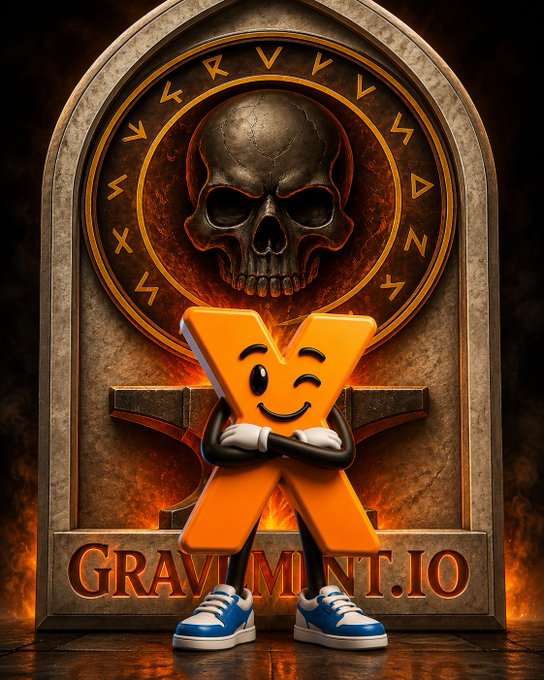 A dramatic fantasy illustration with a large 'X' character wearing sneakers standing before an arched stone doorway emblazoned with runes, a skull motif, and 'GRAVIMINT.IO' text, surrounded by flames.