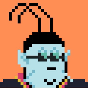 A Cryptopunk-style anime character with light blue skin, pixelated black hair tied in a topknot, and pixel art glasses is displayed against a solid orange background. The image visually represents the described project that blends retro 8-bit aesthetics with anime themes, matching the post's commentary about the underrated RWA (real-world asset) NFT collection paying GME stock dividends.