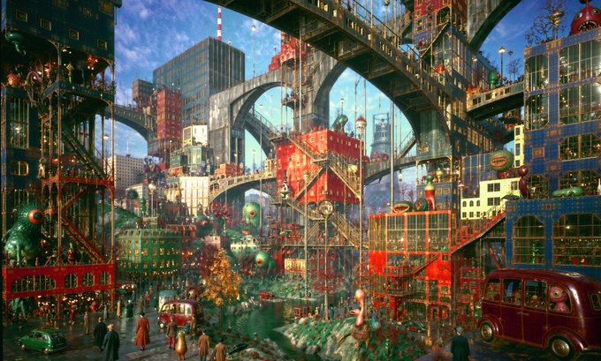 A vibrant, densely detailed fantasy-style illustration of a bustling multi-level cityscape, featuring elaborate architecture, elevated bridges, vintage vehicles, and many small figures.