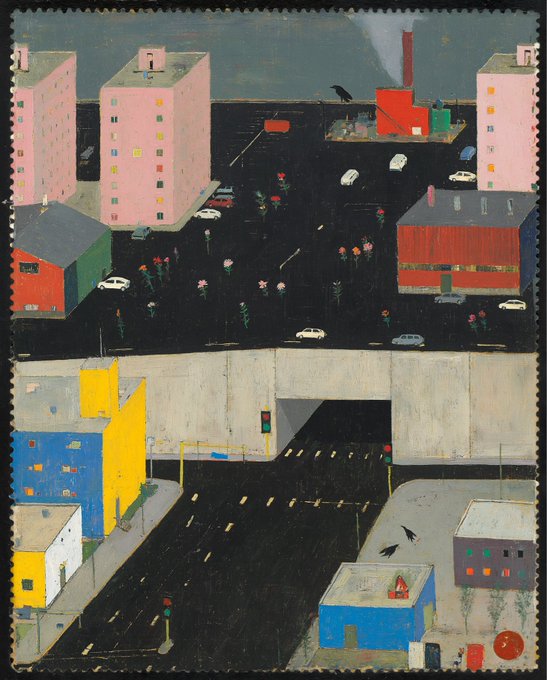 A stylized illustrated cityscape showing colorful apartment buildings, cars, a smokestack, and small flowers with birds, rendered in a flat, geometric painting style.
