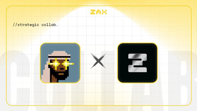 A promotional graphic announcing a "ZAX // strategic collab" partnership with @TheSaudisNFT, featuring the pixelated Saudi NFT character alongside the ZAX logo connected by an "X" symbol on a yellow grid background.