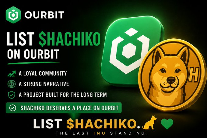 The image features a green $Hachiko coin with a brown dog face on it, sitting next to a gold coin that has a black background and a white dog face on it. Below these coins are two lines of text written in white, one reading "List Shachiko On Oururbit" and the other saying "The last inn standing". The image also includes a small green icon with a white border that says "@ourbit", as well as a small green icon with a white border that says "Lists $Hachiko InuCTO".