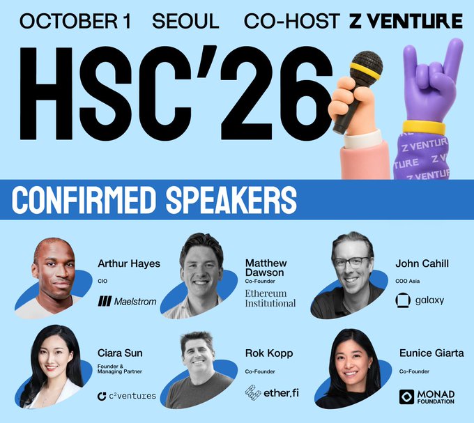 A promotional graphic for 'HSC'26' on October 1 in Seoul, co-hosted by Z Venture, featuring confirmed speakers including Arthur Hayes, Matthew Dawson, John Cahill, Ciara Sun, Rok Kopp, and Eunice Giarta.