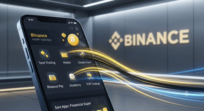 A smartphone displays the Binance app interface featuring services like Spot Trading, Wallet, Simple Earn, Binance Pay, Academy, and P2P Trading, set against a backdrop with the glowing Binance logo. The image complements the post by visually highlighting the diverse features (especially Binance Academy) that go beyond basic exchange trading, encouraging users to explore the platform's full capabilities rather than just using it for quick buy-and-check actions.