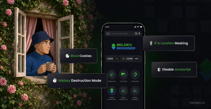 The image shows a Beldex Browser mobile interface flanked by feature callouts—"Block Cookies," "History Destruction Mode," "IP & Location Masking," and "Disable Javascript"—alongside an illustrated figure at a rose-covered window, visually reinforcing the post's message about Beldex's privacy-first browser stopping trackers, fingerprinting, and data broker collection before they can begin.