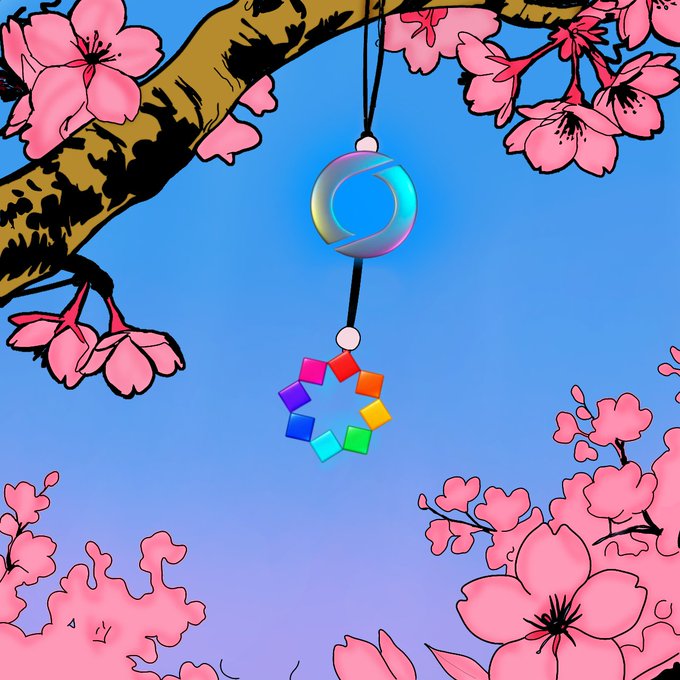 An illustration shows the Kusama logo (colorful hexagon) hanging beneath a yin-yang symbol on a branch surrounded by pink cherry blossoms against a blue sky.