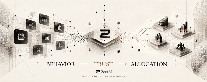 A minimalist graphic for 'ZeruAI' displays the concept 'BEHAVIOR → TRUST → ALLOCATION' alongside icons representing financial transactions and assets.