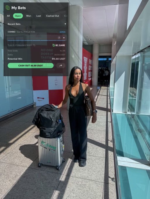 A woman stands in an airport terminal with luggage, while an overlay shows a 'My Bets' screen displaying a 'COMBO' bet open for cash out at 46.00 USDT on BC.GAME.