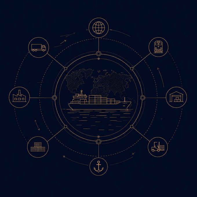A dark blue infographic shows a central cargo ship on water surrounded by a circular network of icons representing global logistics: trucks, trains, warehouses, factories, ports, and shipping.
