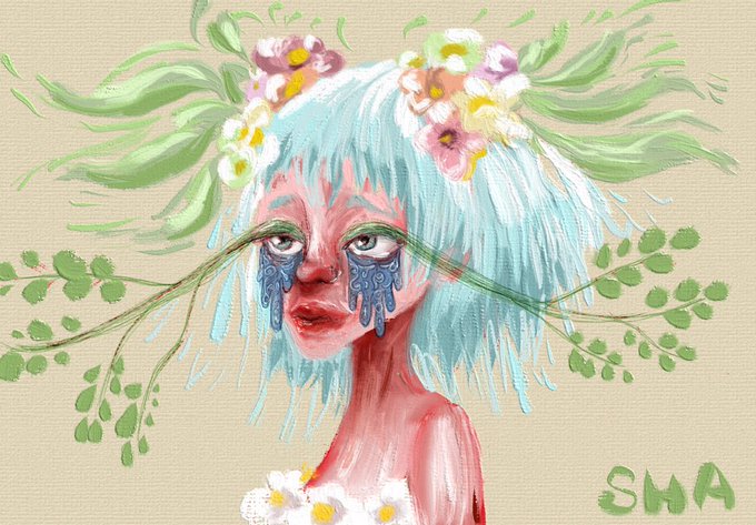 A whimsical digital illustration of a figure with blue, grass-like hair adorned with pink and white flowers, green leaves, and blue markings resembling tears under their eyes, with the signature 'SHA' in the corner.