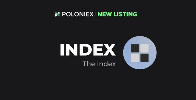 Promotional graphic for Poloniex's new listing of $INDEX (The Index), featuring the Poloniex logo and "NEW LISTING" text at the top, with the INDEX branding and a blue circular icon displaying a black-and-white checkered pattern in the center, all set against a black background.