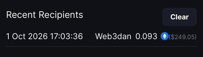 A "Recent Recipients" notification shows a transaction of 0.093 ETH (worth $249.05) sent to "Web3dan" on 1 Oct 2026 at 17:03:36, confirming the received payment of approximately $250 mentioned in the post.
