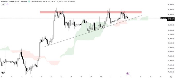 A TradingView candlestick chart of Bitcoin/TetherUS on Binance showing price action with resistance zones marked in red and a trendline, with BTCUSDT priced at $85,589.01 (-0.22%).