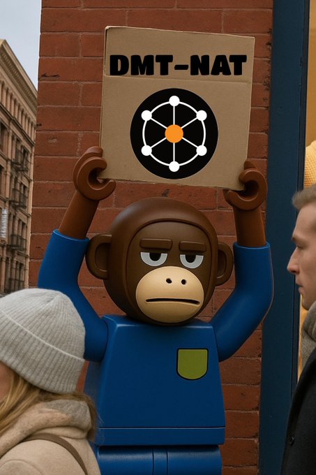 A cartoon monkey figure in a blue shirt holds up a cardboard sign reading "DMT-NAT" with an atom-like logo, standing against a brick wall. The image visually represents the "DMT-NAT vs BTC" comparison highlighted in the post, using the playful monkey character to introduce the educational breakdown of NAT's role alongside Bitcoin in securing the network.