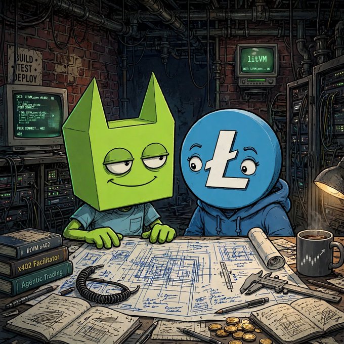An illustrated scene showing two cartoon mascots—a green cube-headed character and a blue coin with an "Ł" symbol—looking at blueprints on a desk with books labeled "litVM x402", "x402 Facilitator", and "Agentic Trading".