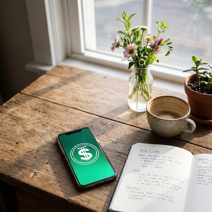 A wooden desk by a sunlit window holds a notebook filled with handwritten notes, a steaming coffee mug, a potted plant, fresh daisies in a glass jar, and a smartphone displaying a green screen with a white dollar sign ($) icon. The scene visually represents the post's message about USDD's secure and carefully monitored DeFi investment approach, with the dollar sign symbolizing finance and the journaled notes suggesting diligent risk evaluation and planning.
