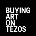 The image features a stark black background with bold white text that reads "BUYING ART ON TEZOS," serving as a promotional graphic that aligns with the post's call to action directing viewers to purchase the artist's 1/1 artwork on the objkt.com marketplace via the Tezos blockchain.