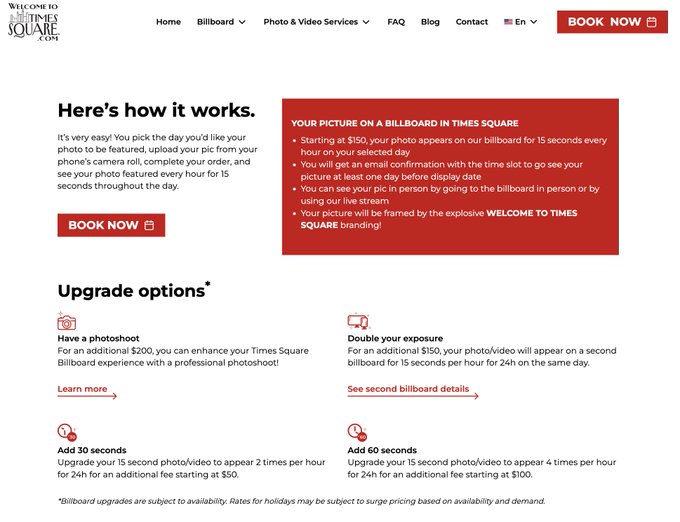 A webpage screenshot from 'Welcome to Times Square' showing how to get your picture on a billboard, with pricing details ($150 starting price) and upgrade options including 'Add 30 seconds' and 'Add 60 seconds'.