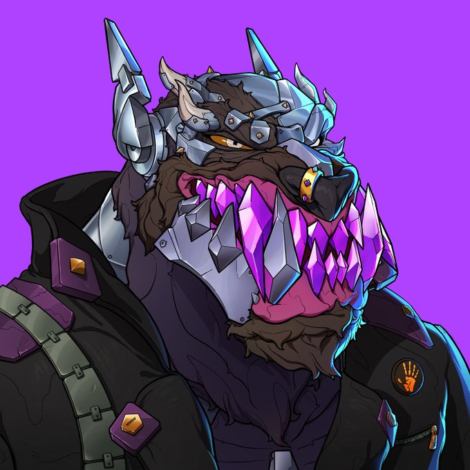 A fierce cartoon-style wolf character with metallic armor plating on its head, glowing purple crystalline fangs, and a black studded jacket stands against a vibrant purple background. The illustration serves as the user's new IronHound NFT profile, celebrating their entry into the Mutant Cartel community, with a small handprint logo visible on the jacket's shoulder.