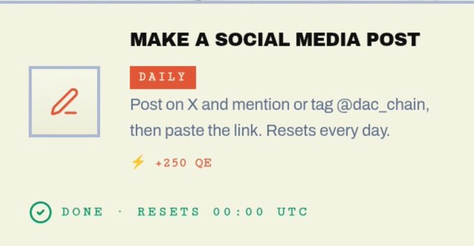 A daily social media quest task titled 'MAKE A SOCIAL MEDIA POST', rewarding +250 QE points for posting on X and tagging @dac_chain.