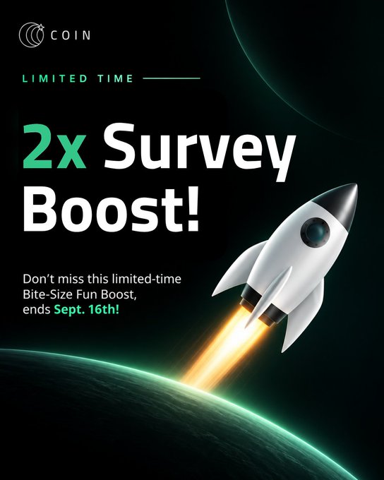 A promotional graphic with a space theme featuring a rocket launching from a planet, advertising a '2x Survey Boost!' from the 'COIN' app. It notes a 'LIMITED TIME' 'Bite-Size Fun Boost' ending on 'Sept. 16th!'.