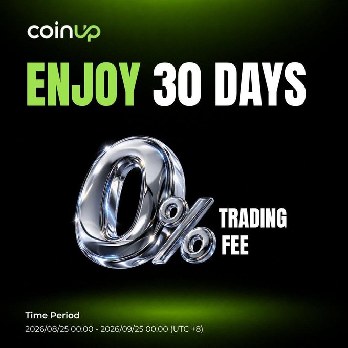 The image is a promotional advertisement from CoinUp featuring a large chrome "0%" and the text "ENJOY 30 DAYS TRADING FEE" on a black and green background, with a time period of 2026/08/25 00:00 - 2026/09/25 00:00 (UTC +8), promoting a 30-day zero trading fee offer that directly complements the post's message about how small, often-overlooked trading fees accumulate over many trades to impact traders' results.