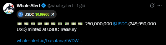 A screenshot of a tweet from Whale Alert (@whale_alert) reporting that 250,000,000 USDC ($249,950,000 USD) was minted at USDC Treasury, with USDC priced at $0.99986.