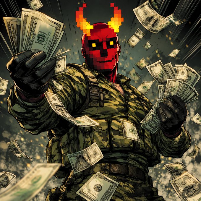 An illustration of a figure in military camouflage holding stacks of cash, wearing a red mask with pixelated orange flames on the head.