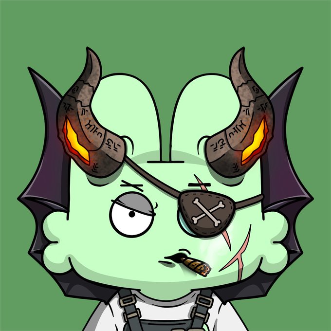 A cartoon illustration of a green-skinned character with devil horns, bat-like ears, an eyepatch with a bone design, and a cigar in its mouth, set against a green background.