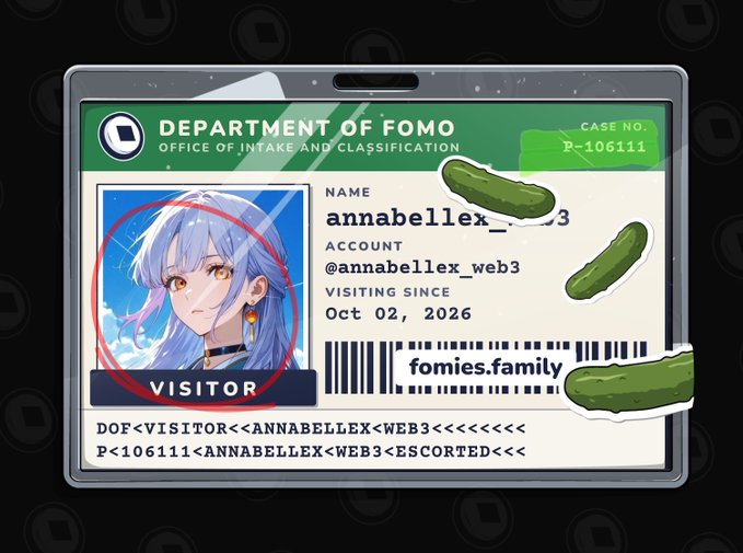 A digital visitor badge from the 'Department of Fomo' displaying the name 'annabellex_web3', an anime character photo labeled 'VISITOR', and pickle stickers.