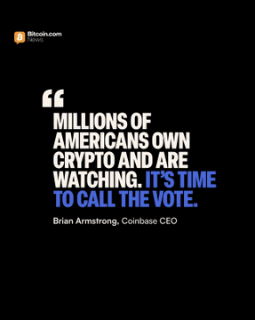 A black graphic from Bitcoin.com News features a quote attributed to Brian Armstrong, Coinbase CEO, reading: "Millions of Americans own crypto and are watching. It's time to call the vote." The image accompanies news of Armstrong urging the Senate to move forward on crypto market structure legislation, emphasizing that the bill has broad bipartisan support and simply needs to be brought to a vote rather than delayed.