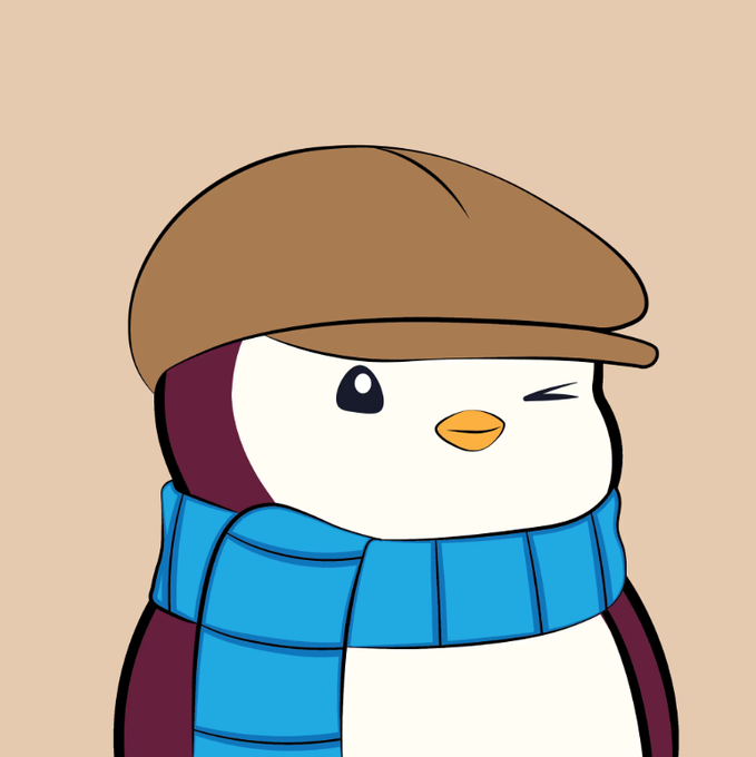 A cartoon illustration of a cute penguin wearing a brown flat cap and a blue striped scarf against a beige background.