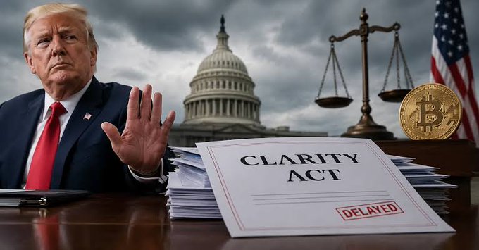 A digital composite image showing a serious-looking man in a suit and red tie at a desk with a 'CLARITY ACT' document stamped 'DELAYED,' alongside the U.S. Capitol building, scales of justice, an American flag, and a Bitcoin coin.