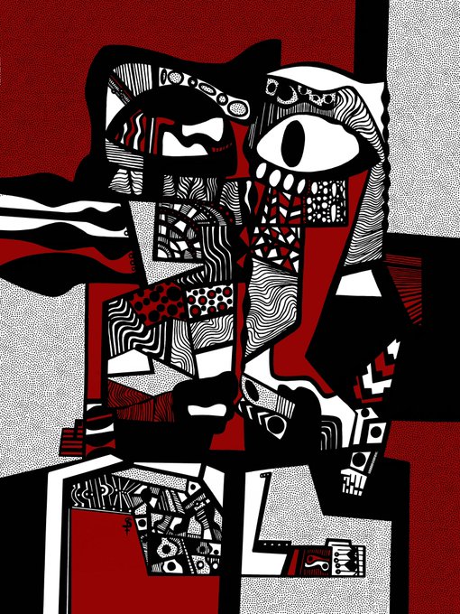 Abstract black, white, and red cubist-style artwork featuring fragmented geometric shapes and patterns resembling a stylized face.