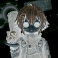 A small pixel art image of a character with brown hair and glowing white eyes, wearing a gray outfit and standing on a dark tiled floor.