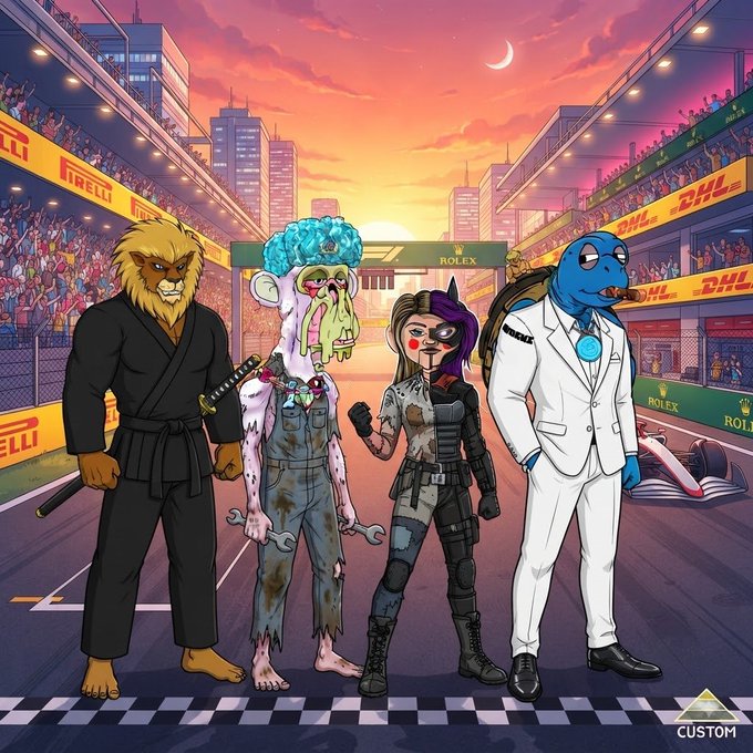 A stylized illustration shows four cartoon characters—a lion in a martial arts robe, a blue-haired zombie-like figure holding a wrench, a purple-haired woman in combat gear, and a blue turtle in a white suit—standing on a race track finish line with a sunset cityscape, Rolex, Pirelli, and DHL signage, and a Formula 1 car in the background. The image ties into the post's Sunday theme, depicting the CroFam NFT mascots (Puppetz, Loaded Lions, MAYC) alongside the F1 race and social plans mentioned.